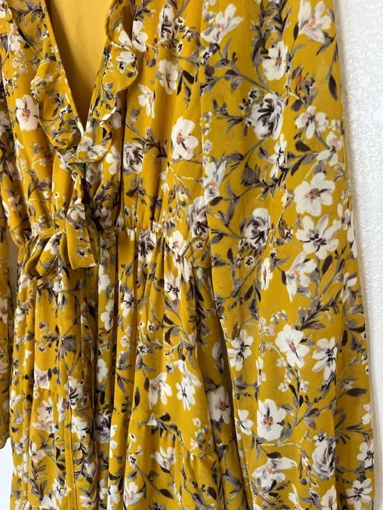 Show Me You MuMu Mustard Floral Dress Addy Yellow Long Sleeve Mini Ruffles Bow S - Picture 5 of 9